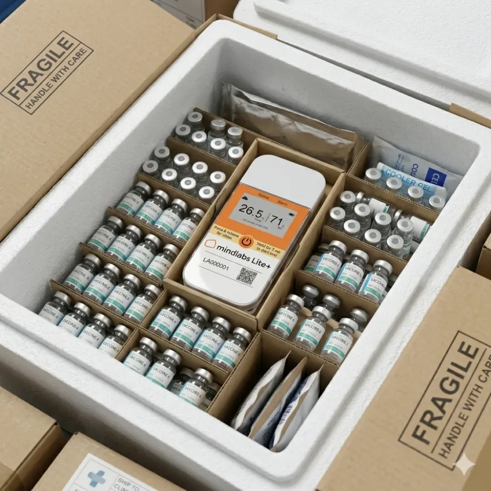 Vials packed in an insulated shipper with a single-use temperature data logger