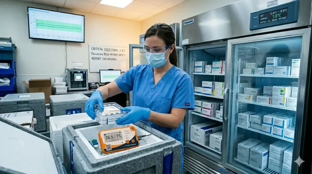 Healthcare worker handling vaccines at a pharmaceutical refrigerator with a temperature logger